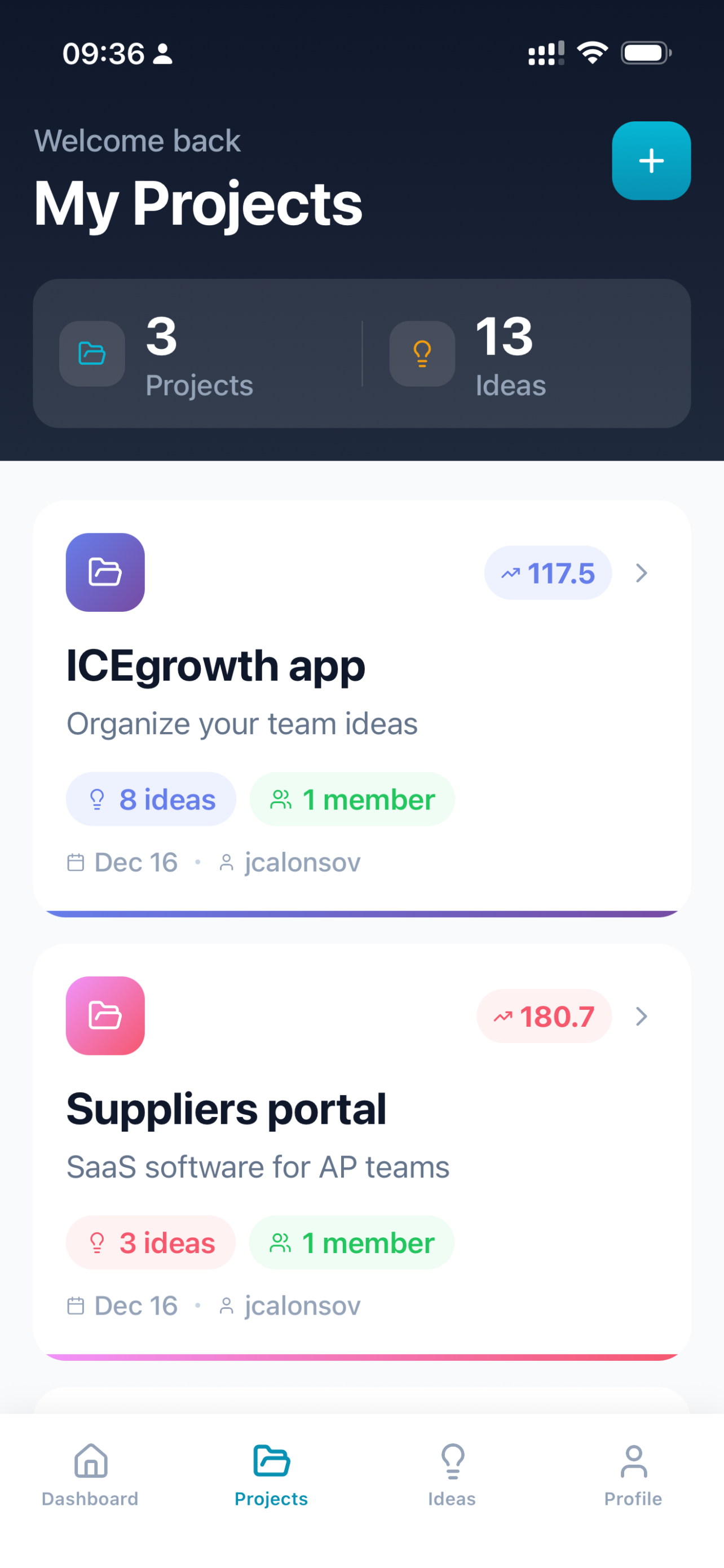 ICEgrowth iOS app — projects dashboard